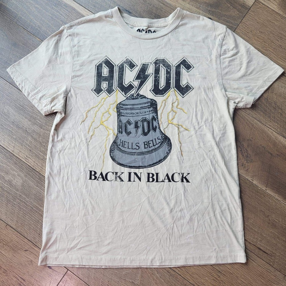 AC/DC Hells Bells Back in Black Graphic T-Shirt Cream Mens Medium Short Sleeve